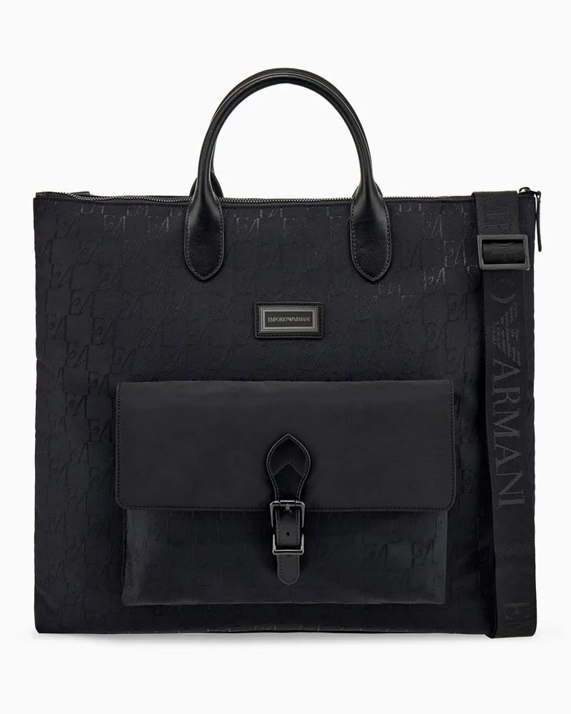 Emporio Armani Tote Bag aus Polyamid mit geprägtem Muster und Lederhenkeln Schwarz