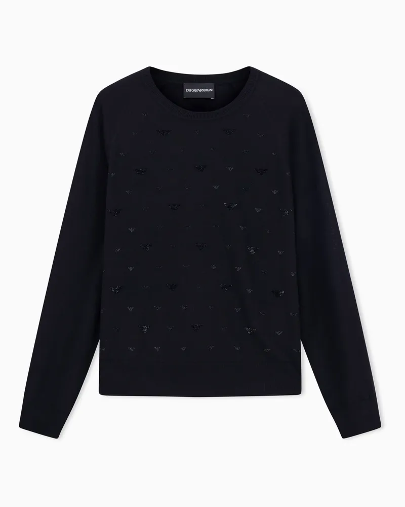 Emporio Armani Pullover aus Schurwolle in Glattstrick mit Mikro-Strass Schwarz