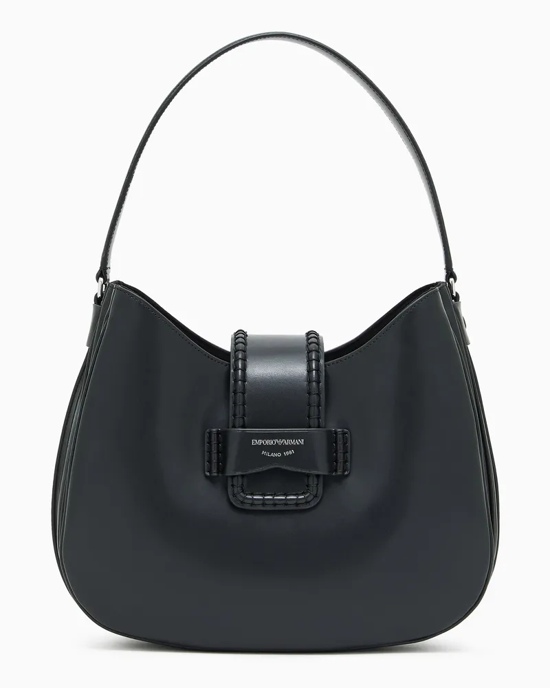 Emporio Armani Mittelgroße Hobo Bag zum Umhängen aus Leder mit Adler-Schnalle Schwarz