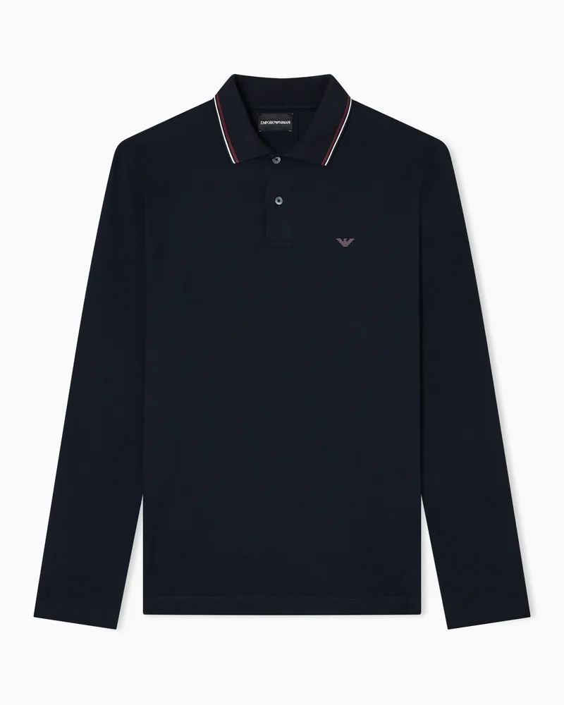 Emporio Armani Poloshirt mit langen Ärmeln aus Pikee-Stretch und aufgesticktem Mikro-Adler Marineblau