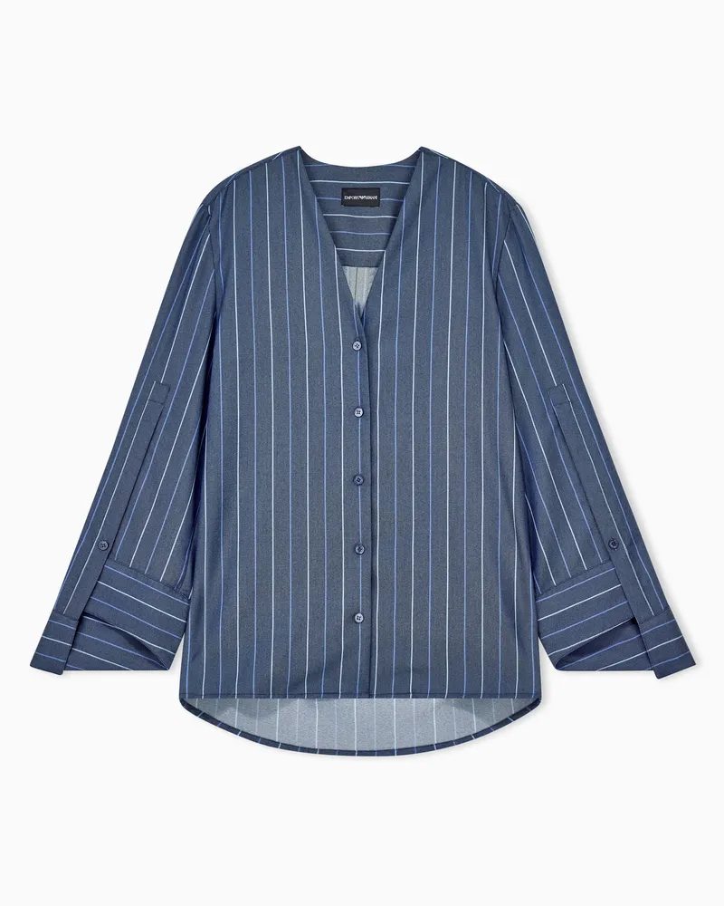 Emporio Armani Gestreifte Bluse aus Jacquard-Denim mit V-Ausschnitt Blau