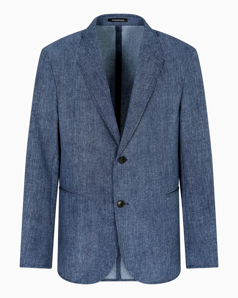 Emporio Armani Einreihiger Blazer aus bedrucktem, funktionellem Seersucker Blau