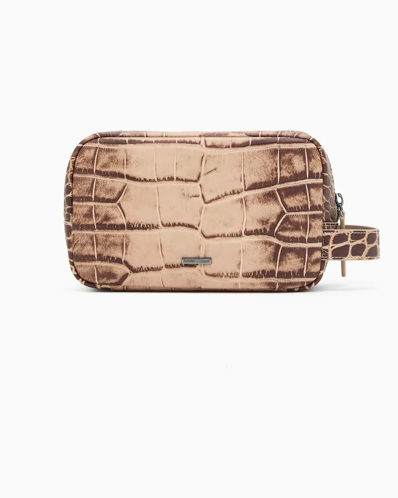 Emporio Armani Beauty-Case aus Leder mit Kroko-Print Beige
