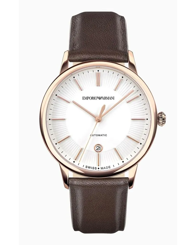 Emporio Armani Swiss-made-automatikuhr mit Braunem Lederarmband Dunkelbraun