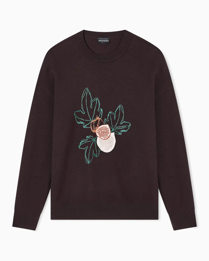 Emporio Armani Pullover aus glatter Schurwolle mit Foliage-Stickerei Braun