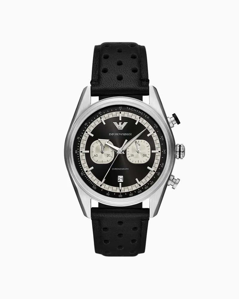 Emporio Armani Chronograph aus Schwarzem Leder Schwarz