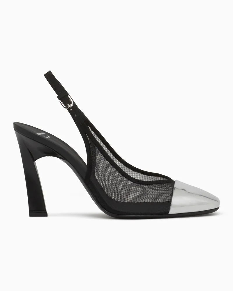 Emporio Armani Slingback-Pumps aus Mesh und Wildleder mit spiegelnder Kappe Schwarz