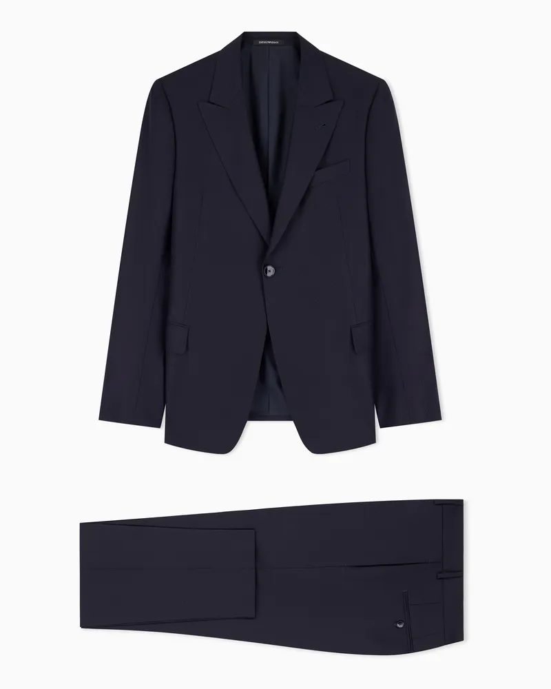 Emporio Armani Einreihiger Anzug aus einer Mischung aus Wolle und Seide in diagonaler Jacquard-Verarbeitung Marineblau