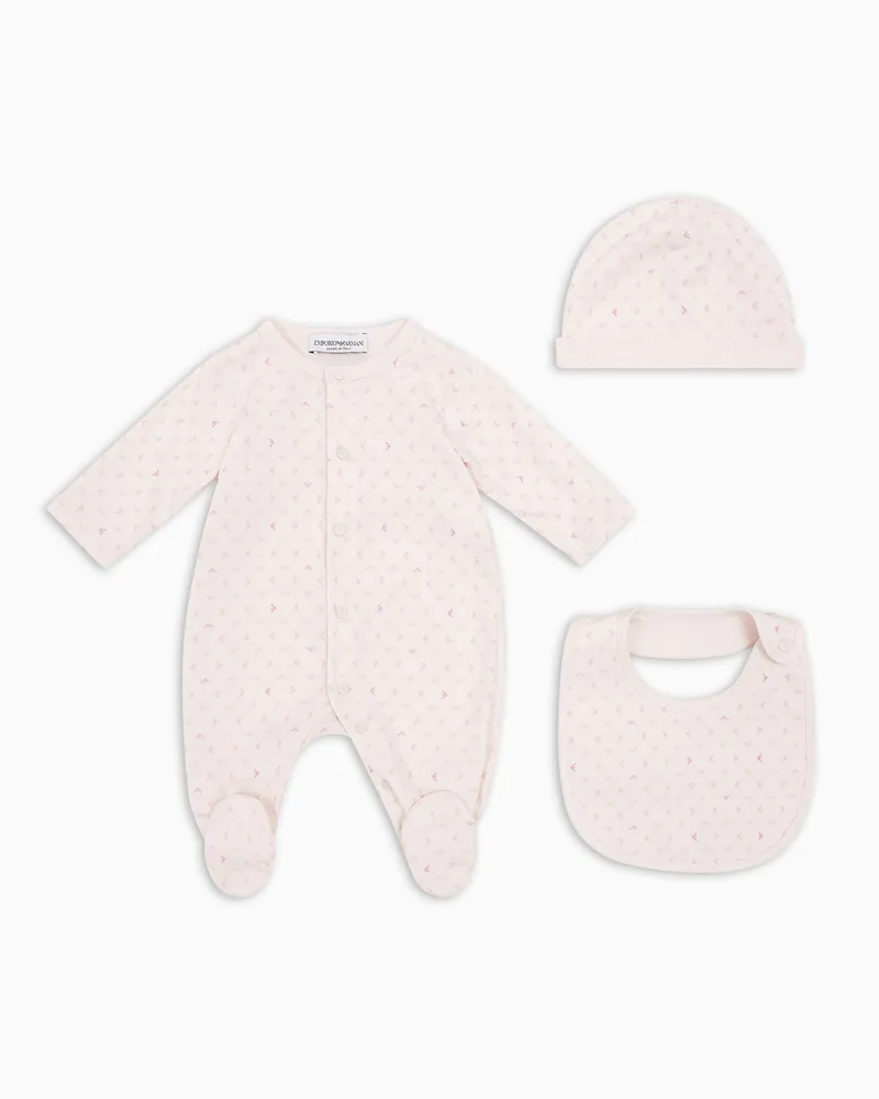 Emporio Armani Geschenkset bestehend aus Strampler, Lätzchen und Mütze mit Allover-Optical-Adler-Print Pink