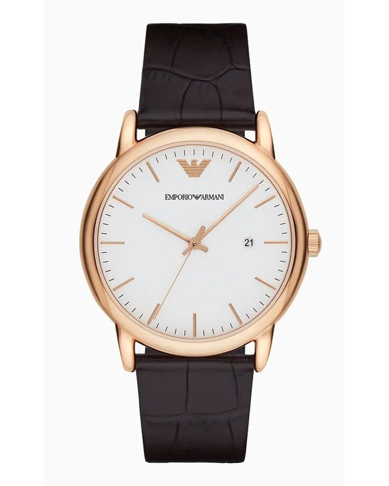 Emporio Armani Dreizeigeruhr mit Datumsanzeige und Armband aus Braunem Leder Dunkelbraun