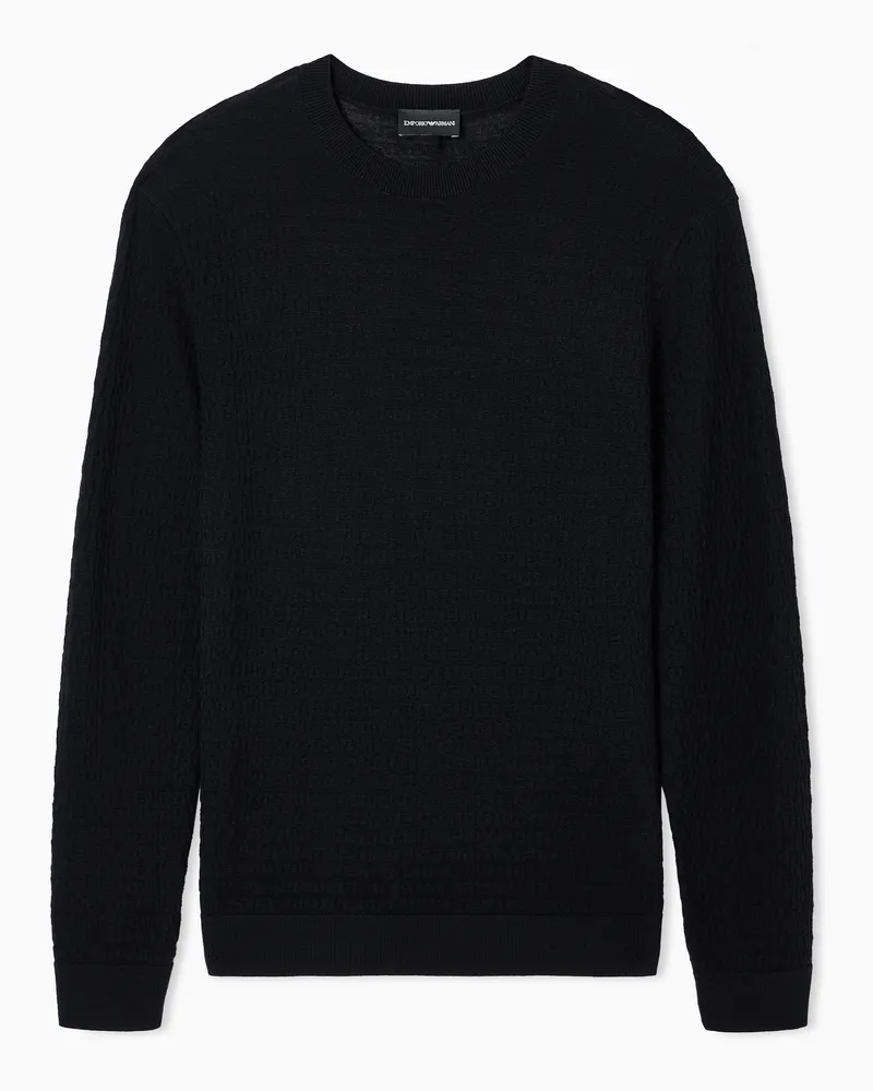 Emporio Armani Pullover aus Jacquard-Schurwolle mit durchgehendem Schriftzug Schwarz