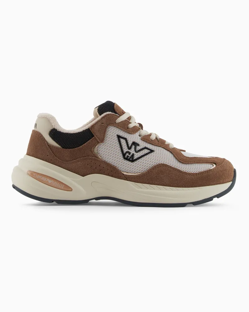 Emporio Armani Sneaker aus Mesh mit Veloursleder-Details und Adler-Logo Beige