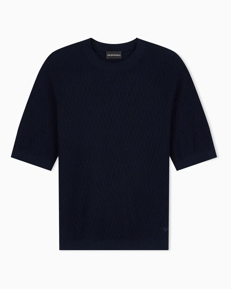 Emporio Armani Regular Fit Pullover aus Baumwolljacquard mit Chevronmuster Blau