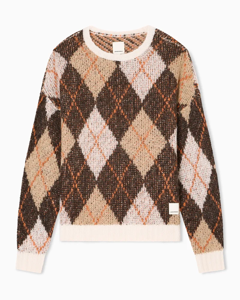 Emporio Armani Maxi-Pullover aus der New York Sonderkollektion, gefertigt aus einer Woll-Mischung mit Argyle-Muster in Jacquard-Stoff-Verarbeitung Braun