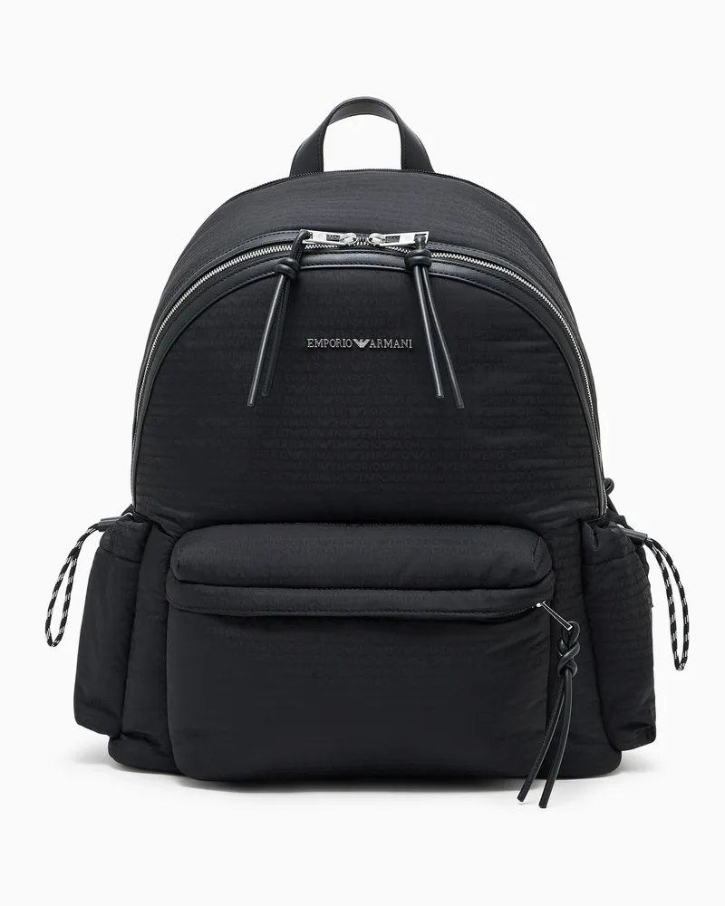 Emporio Armani Runder Rucksack aus Nylon mit Monogramm-Schriftzug Schwarz