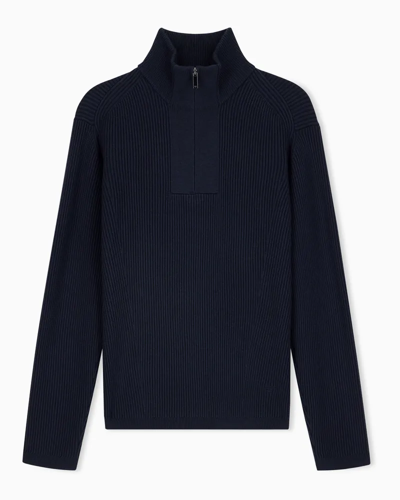 Emporio Armani Pullover im Regular Fit aus Schurwolle und Baumwolle Marineblau
