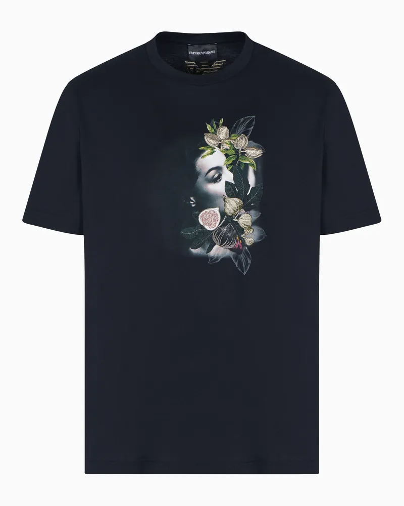 Emporio Armani ASV Jersey-T-Shirt mit Stickerei und Print im Foliage-Muster und einem Damenmotiv Schwarz