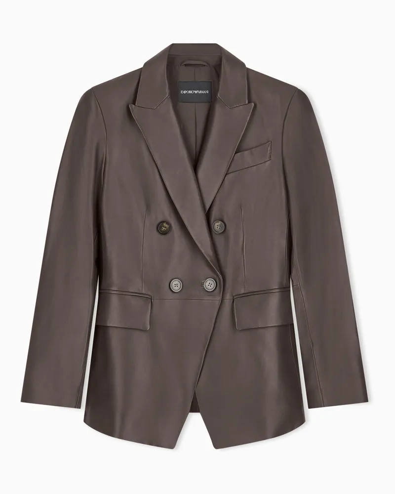 Emporio Armani Schmal geschnittener zweireihiger Blazer aus Leder Braun