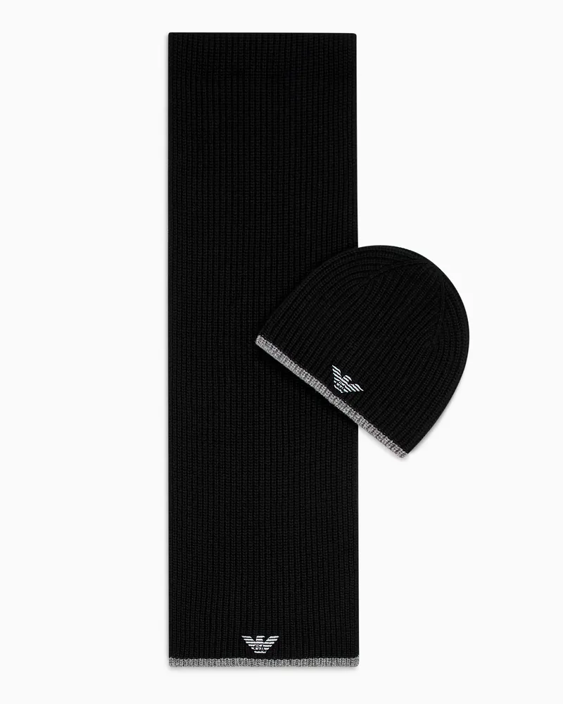 Emporio Armani Set aus Mütze und Schal mit aufgesticktem Adler Schwarz