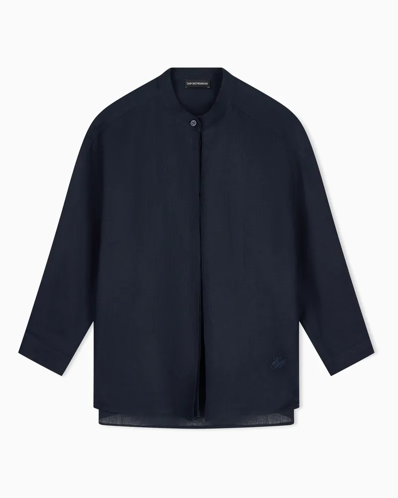 Emporio Armani Hemd mit Grandad-Kragen aus reinem Leinen Marineblau