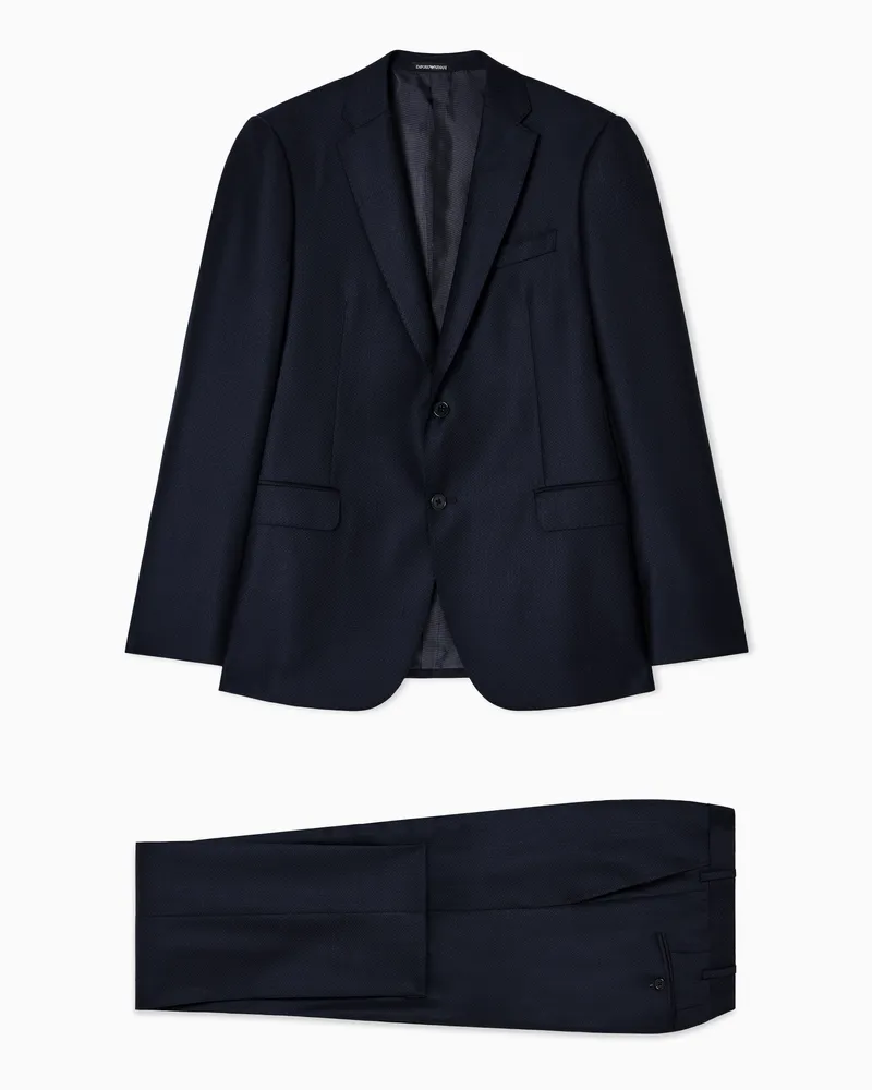 Emporio Armani Einreihiger Regular Fit Anzug aus Schurwolle mit gestreiftem, kleinem Fischgrat-Muster Blau