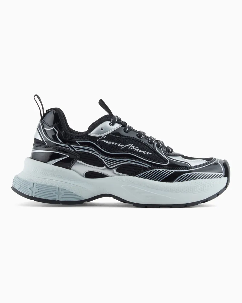 Emporio Armani Mesh-Sneaker mit laminierten Details und Logo-Schriftzug Schwarz
