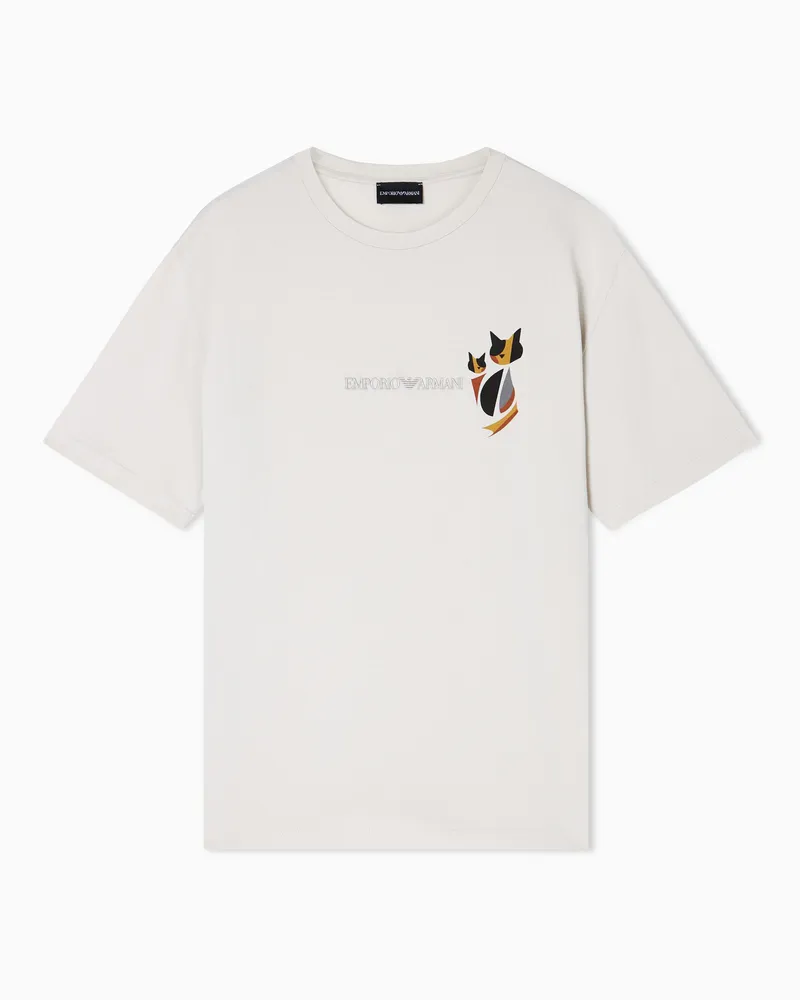 Emporio Armani Jersey T-shirt with logo embroidery and Après cats print Beige