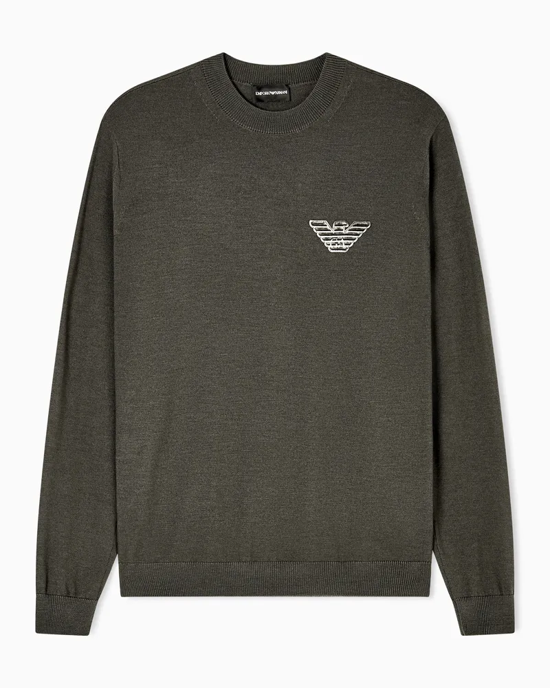Emporio Armani Pullover aus Schurwolle in Glattstrick mit Adler-Patch Grün