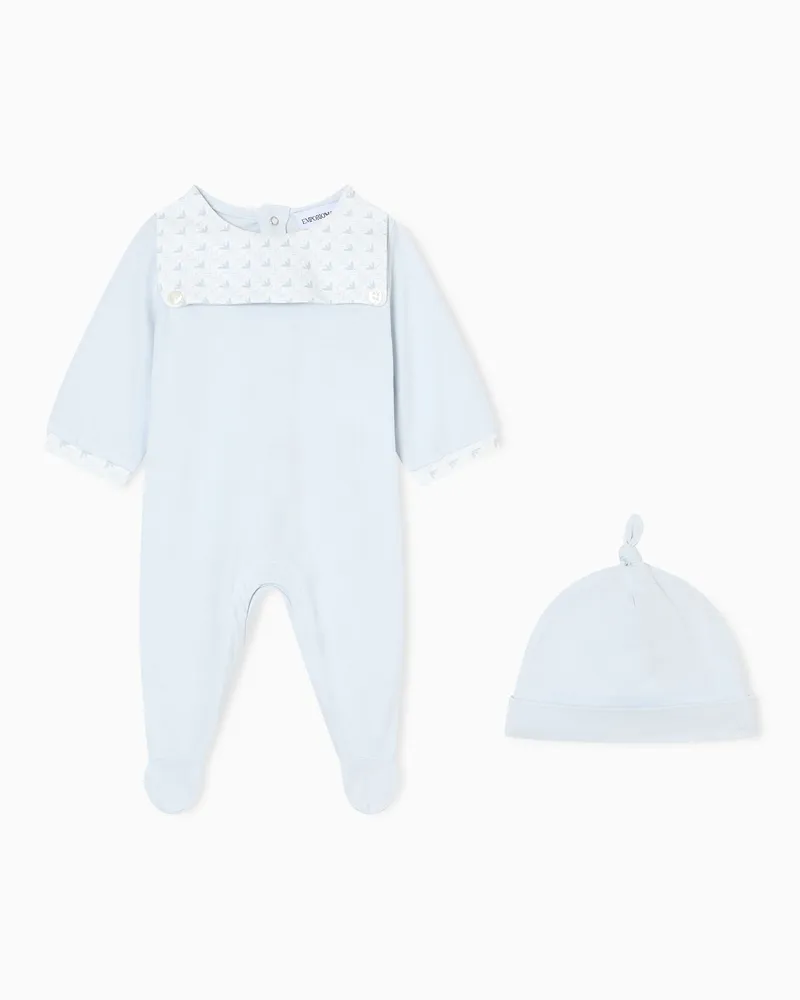 Emporio Armani Set aus Jersey-Strampler und Mütze mit optischem Adlerdetail Hellblau