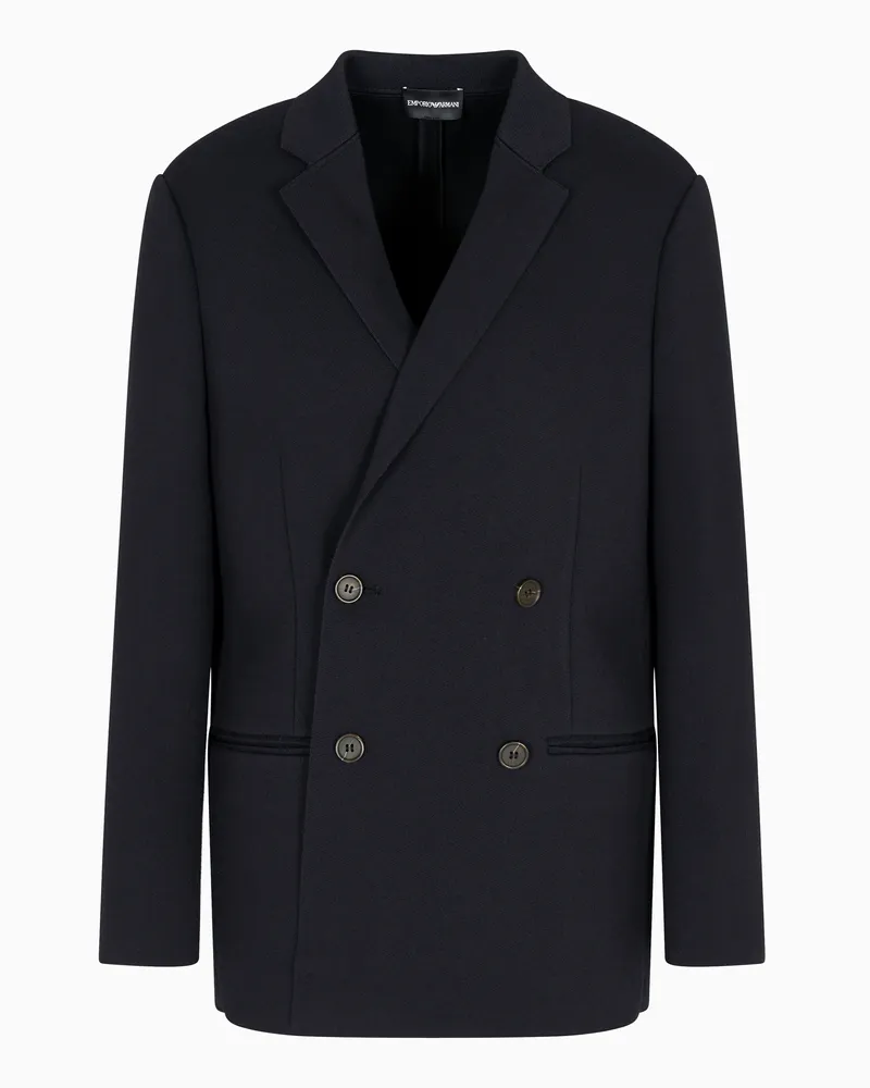 Emporio Armani Zweireihiger Strickblazer aus einer einfarbigen Woll-Mischung Marineblau