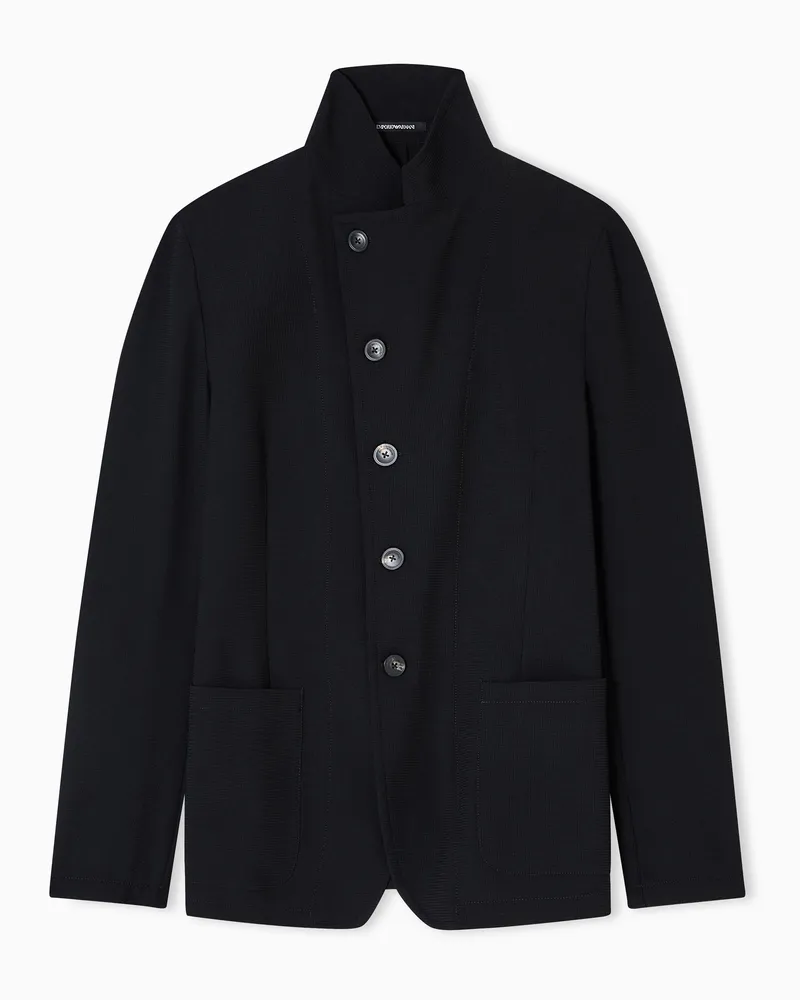 Emporio Armani Icon Jacke mit Grandad-Kragen und außermittigem Verschluss, gefertigt aus Crêpe-Jersey mit 3D-Effekt Schwarz