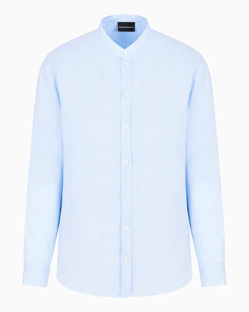 Emporio Armani Hemd mit Gurukragen aus Leinenchambray Hellblau