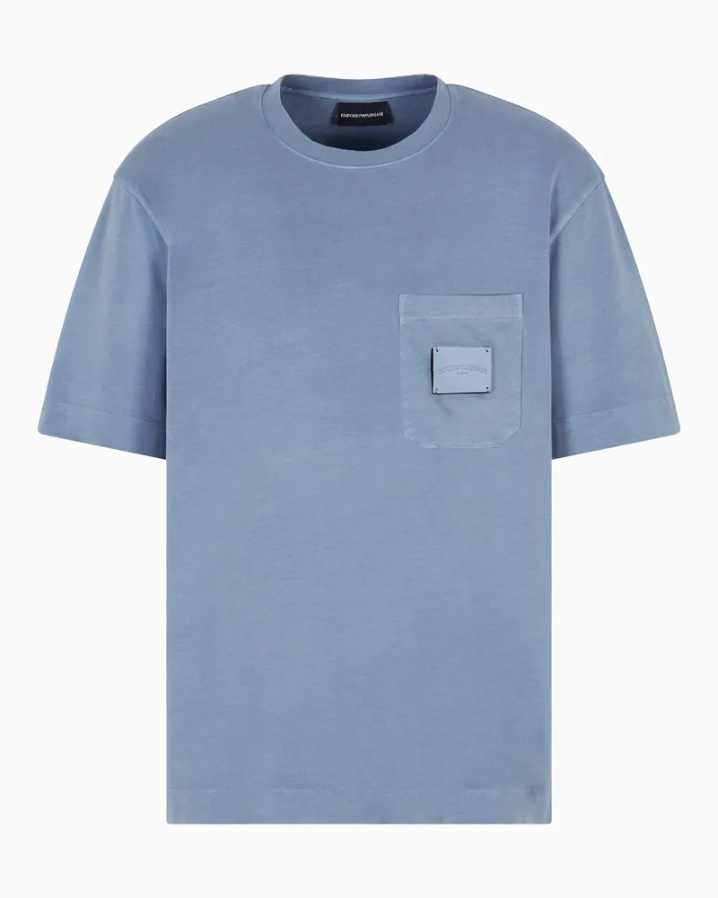Emporio Armani ASV T-Shirt aus Jersey mit Logo-Patch, gefertigt aus Leder Hellblau