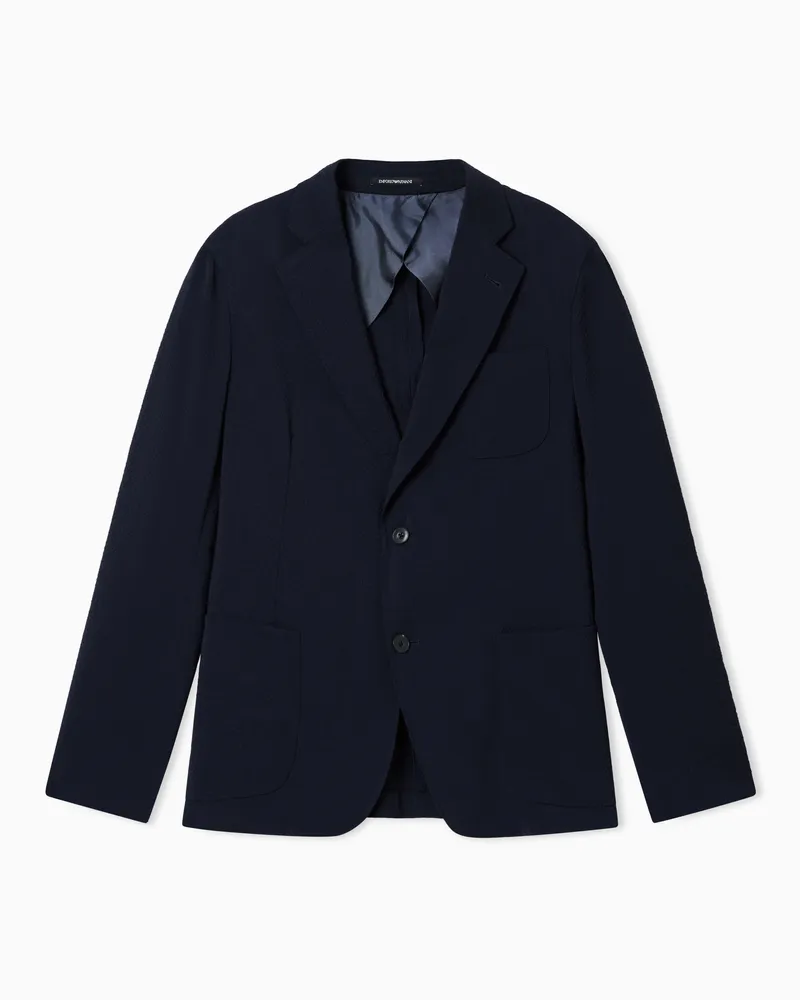 Emporio Armani Einreihiges Sakko aus Stretch-Seersucker aus Wollfresko Blau