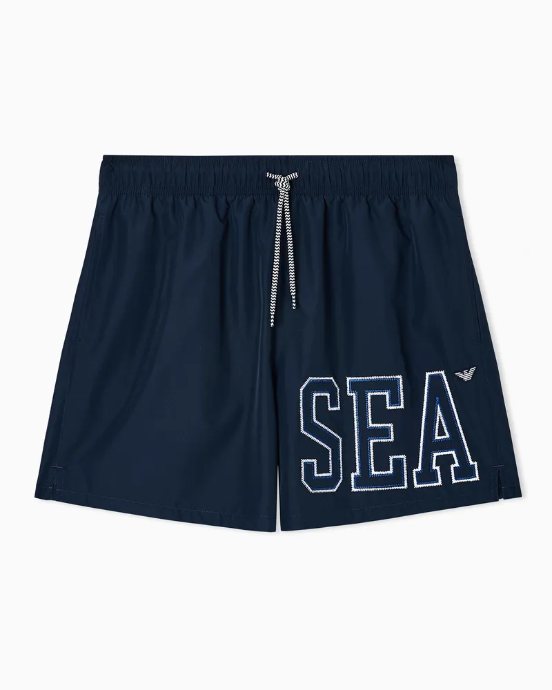 Emporio Armani Beachwear Shorts mit Meeresstickerei Marineblau