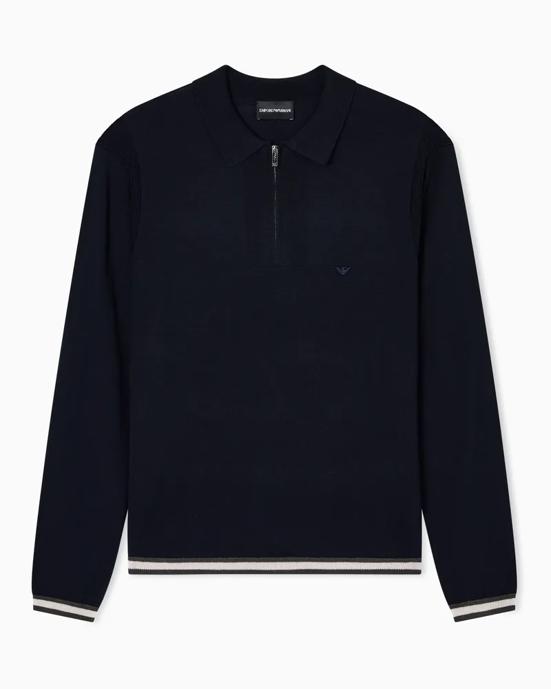 Emporio Armani Pullover mit Polokragen und Reißverschluss, gefertigt aus reiner Schurwolle Marineblau