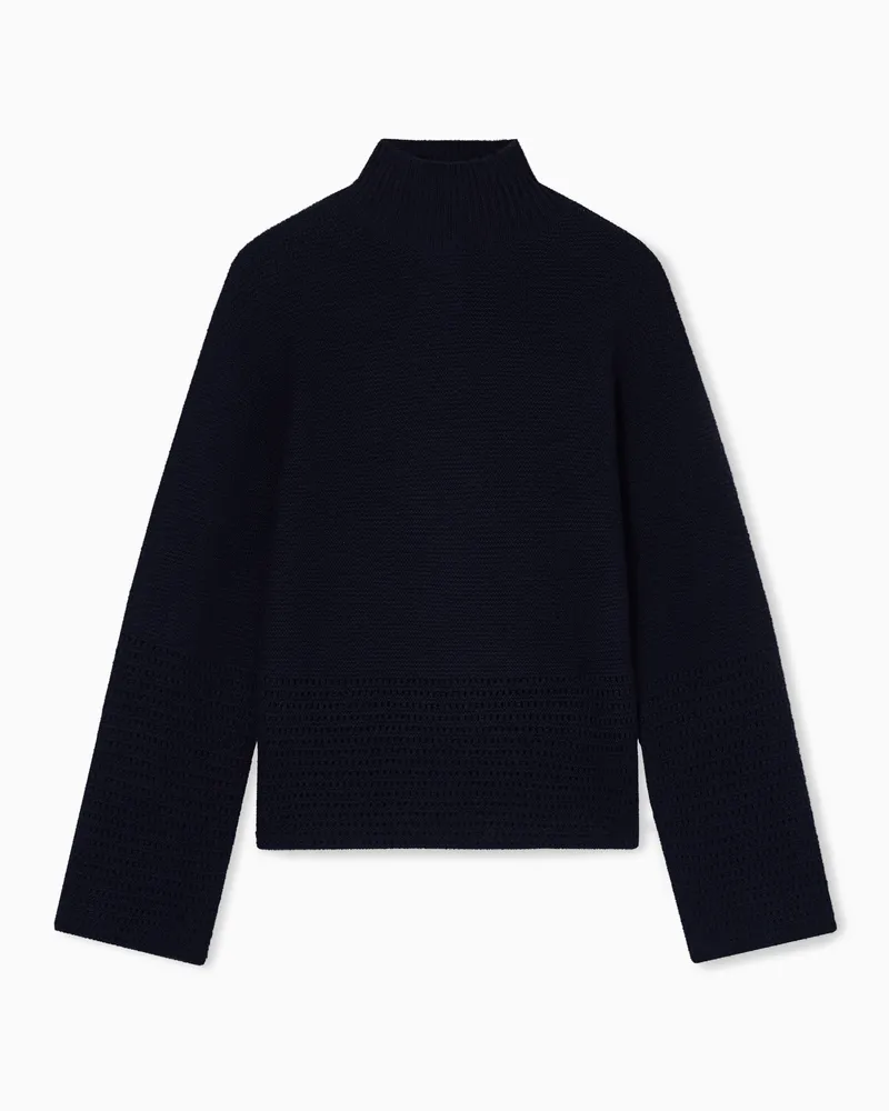 Emporio Armani Icon Pullover aus Wolle in Linksstrick-Verarbeitung mit Stehkragen und Lochmuster Marineblau