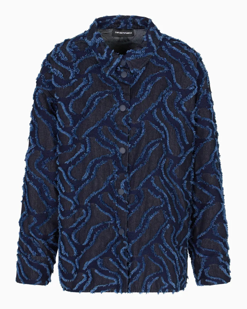 Emporio Armani Hemd-Jacke aus Denim in Jacquard-Stoff-Verarbeitung mit ausgefranstem Relief-Muster Blau