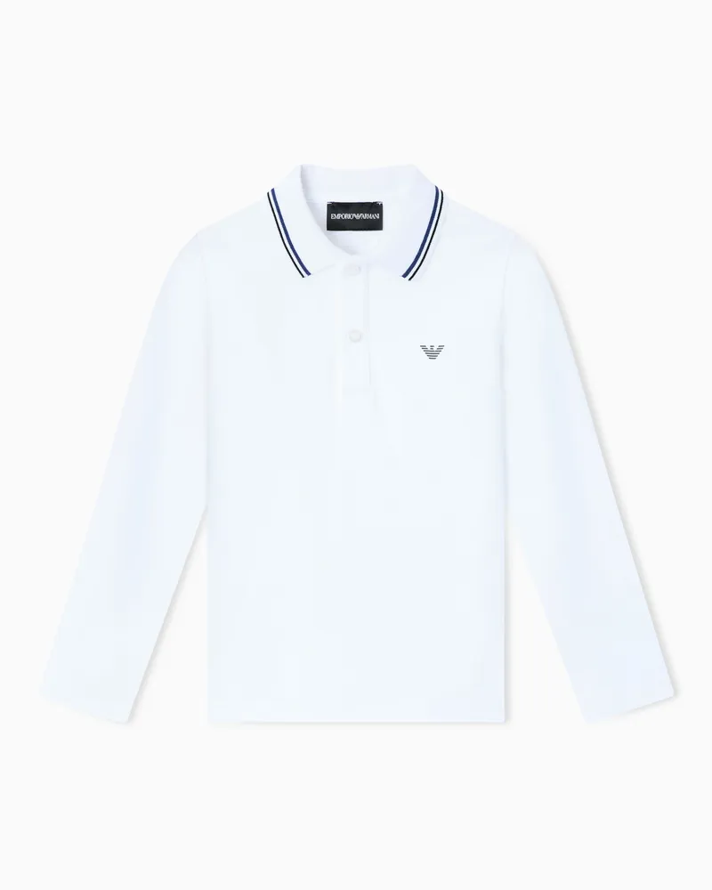 Emporio Armani Poloshirt mit langen Ärmeln aus Pikee-Stretch und aufgesticktem Mikro-Adler Weiß