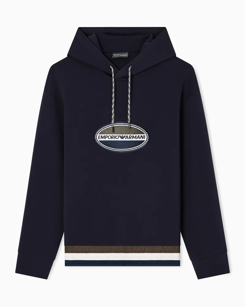 Emporio Armani ASV Sweatshirt mit Kapuze aus doppellagigem Jersey mit Kapuze und dreifarbigem Logo-Aufnäher Marineblau