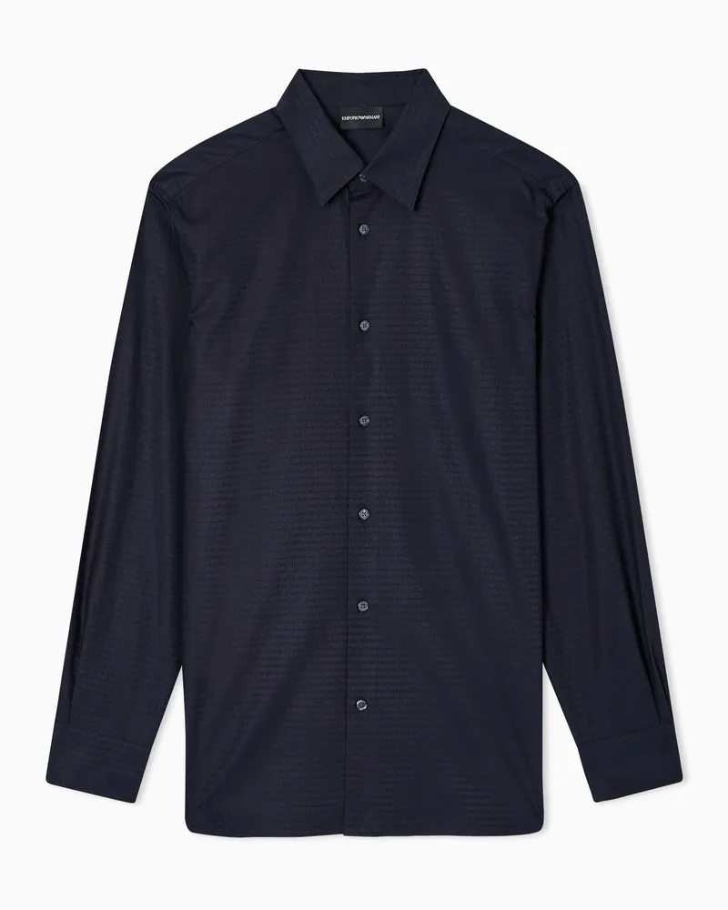 Emporio Armani Hemd aus Jacquard-Stoff mit Allover-Schriftzug Marineblau