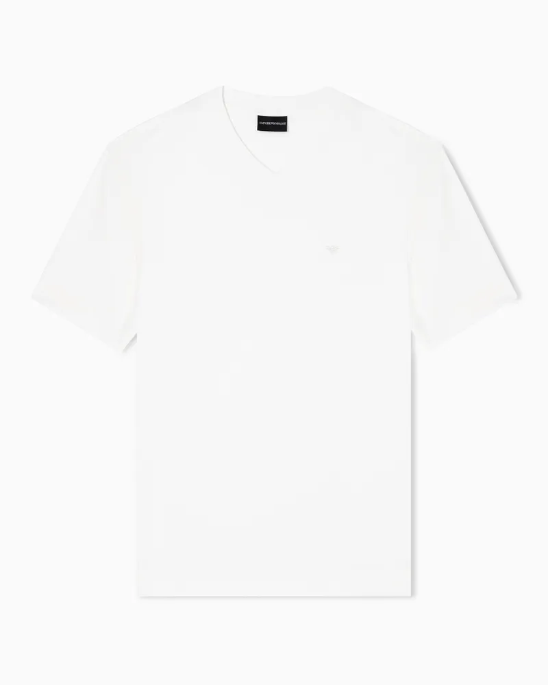 Emporio Armani T-Shirt mit V-Ausschnitt aus Jersey-Modal mit kleinen Adler-Stickereien Weiß