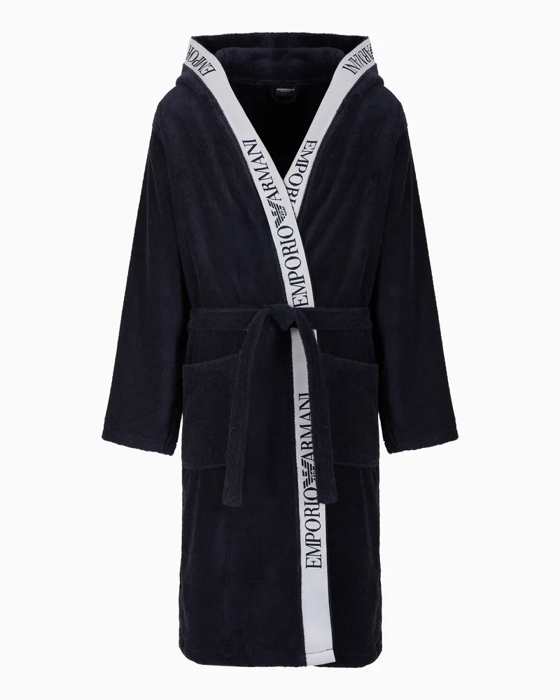 Emporio Armani Bademantel aus Frottee mit Logotape Blau