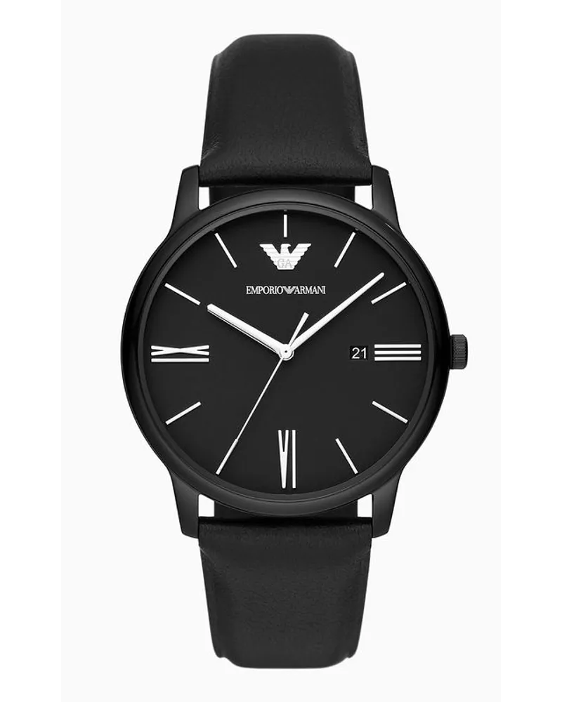 Emporio Armani Uhr mit Drei Zeigern, Datumsanzeige und Schwarzem Lederarmband Schwarz