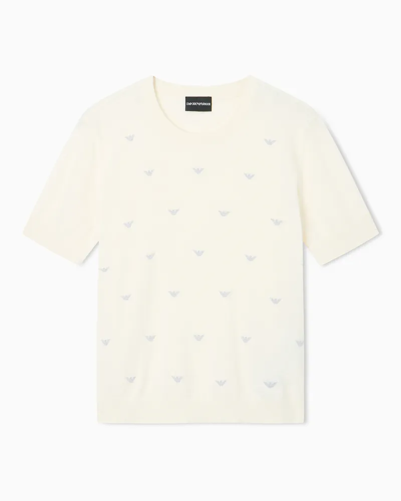 Emporio Armani Pullover mit aufgestickten, kleinen Allover-Adlern Weiß