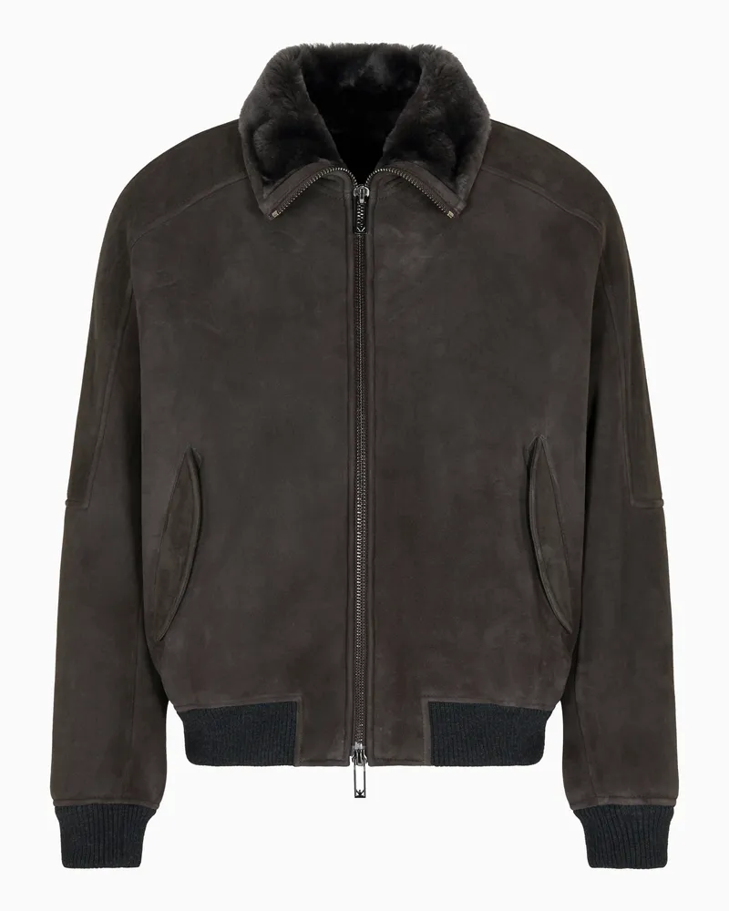 Emporio Armani Locker geschnittener ASV Blouson aus Veloursleder-Shearling Beige