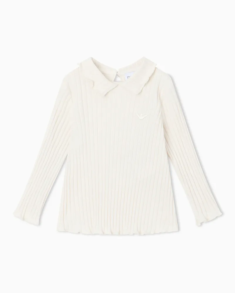Emporio Armani Geripptes Baumwoll-Langarmshirt mit einem Rüschenkragen Beige
