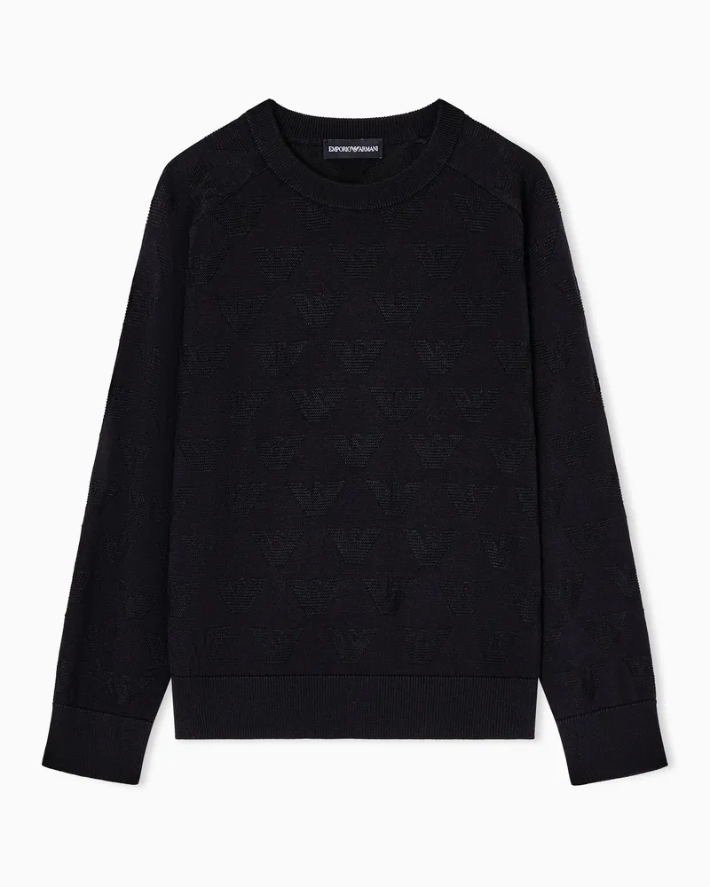 Emporio Armani ASV Pullover in Jacquard-Stoff mit Adlern als Allover-Motiv Marineblau