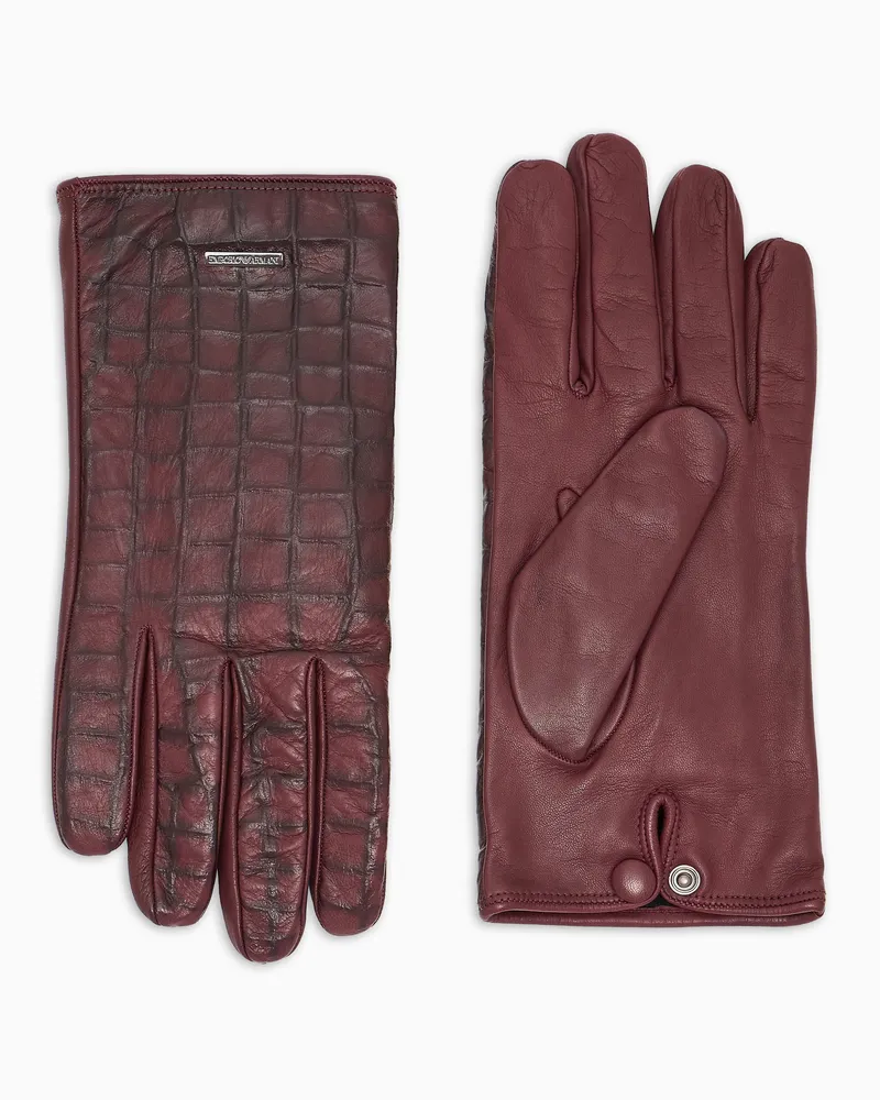 Emporio Armani Handschuhe aus Lammleder in Kroko-Prägung Burgunderrot