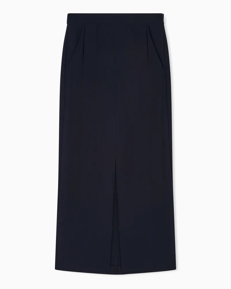 Emporio Armani Icon langer Rock aus gewaschenem Cady-Crêpe mit Bundfalten Marineblau